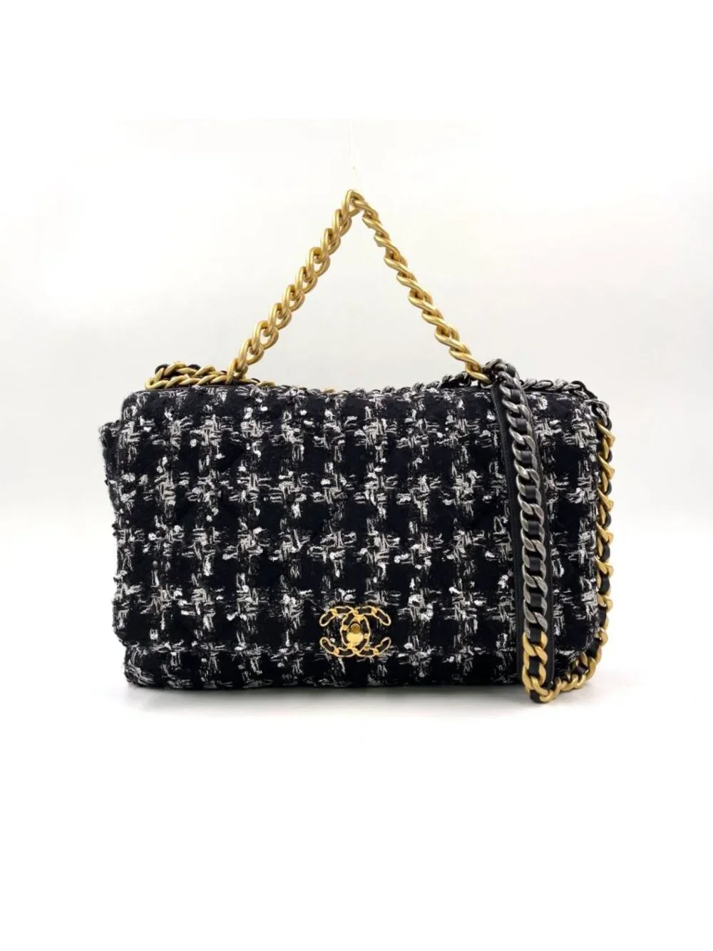 Chanel CC Logo Handle Leather Tweed Black Shoulder Bag Gold